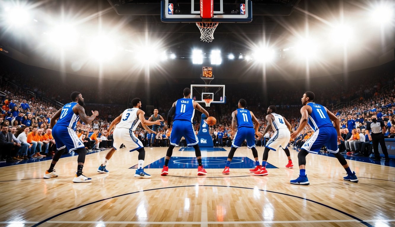 Sebuah lapangan basket dengan pemain yang sedang beraksi, dikelilingi oleh penggemar yang bersorak dan lampu stadion yang terang