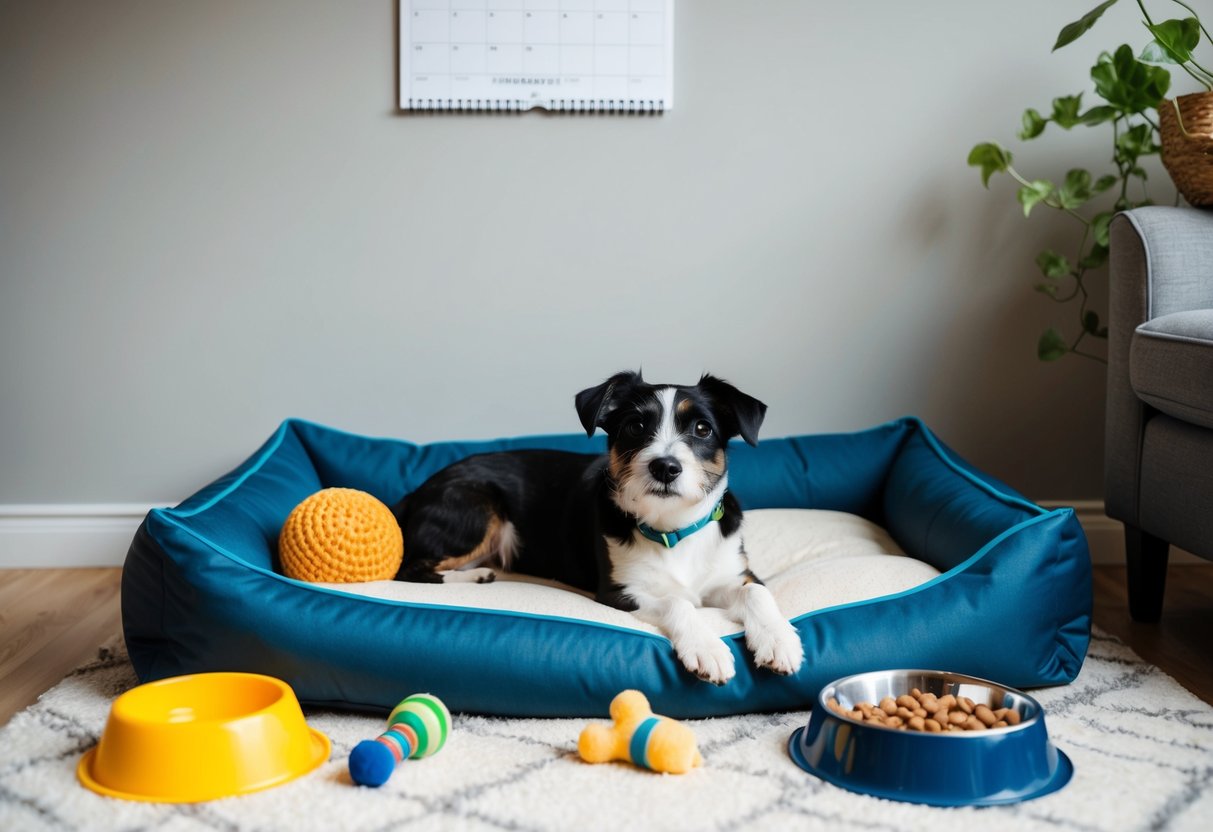 A border terrier lounges on a cozy dog bed, surrounded by toys and a food bowl. A calendar on the wall marks the passing of time