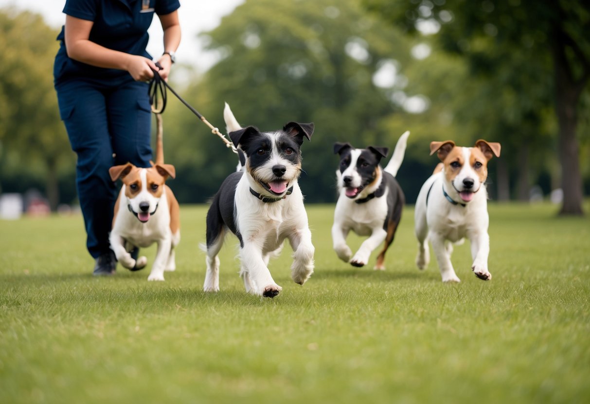 A border terrier playing with a group of dogs while being trained by a handler in a park setting