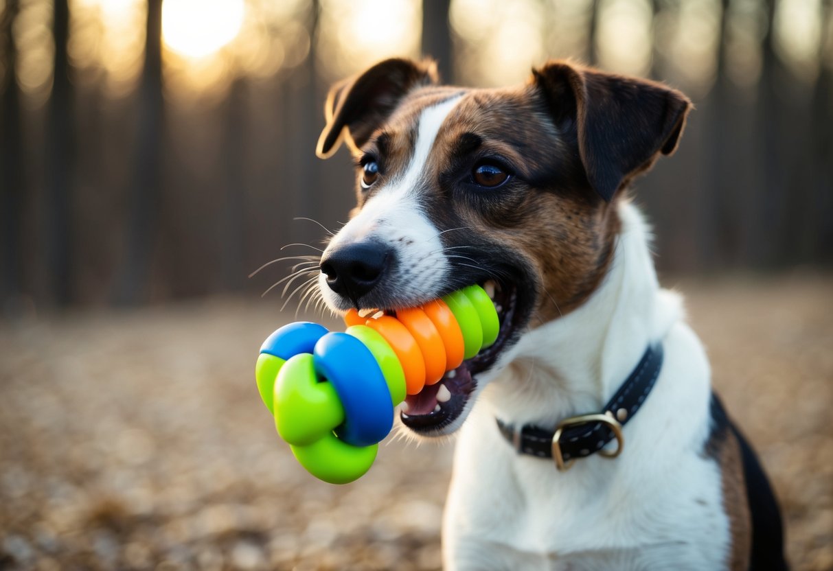 A border terrier bites down on a sturdy chew toy, showing off its strong bite
