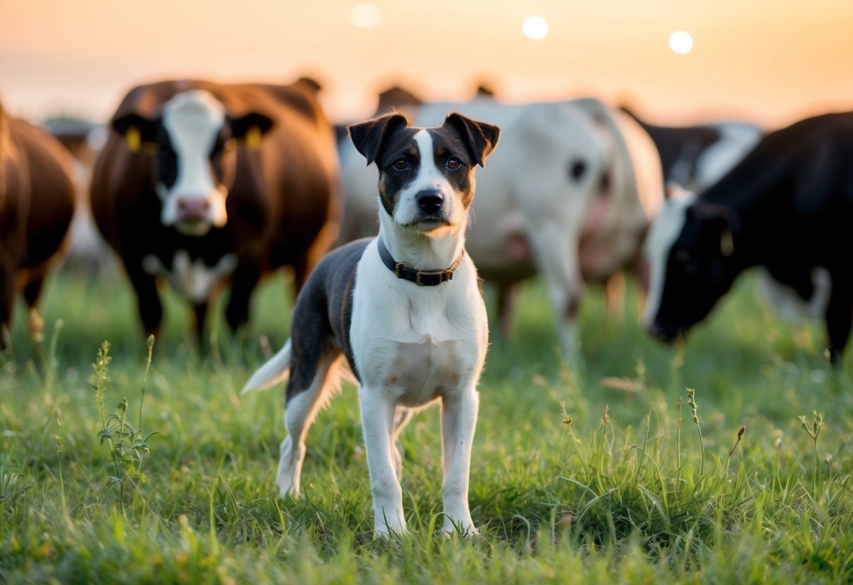 A border terrier stands alert in a field, surrounded by farm animals