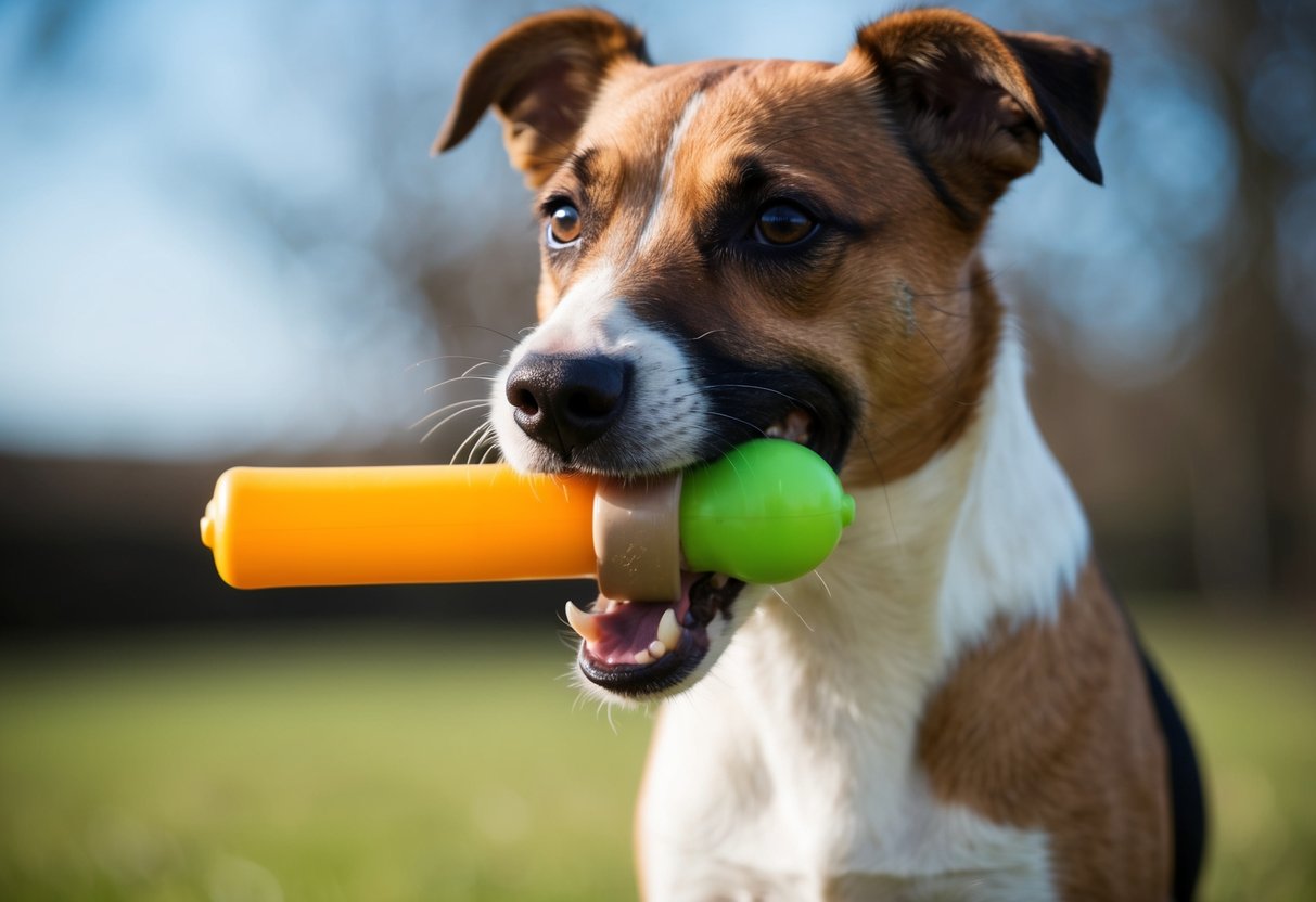A Border Terrier grips a sturdy chew toy in its jaws, demonstrating its strong bite