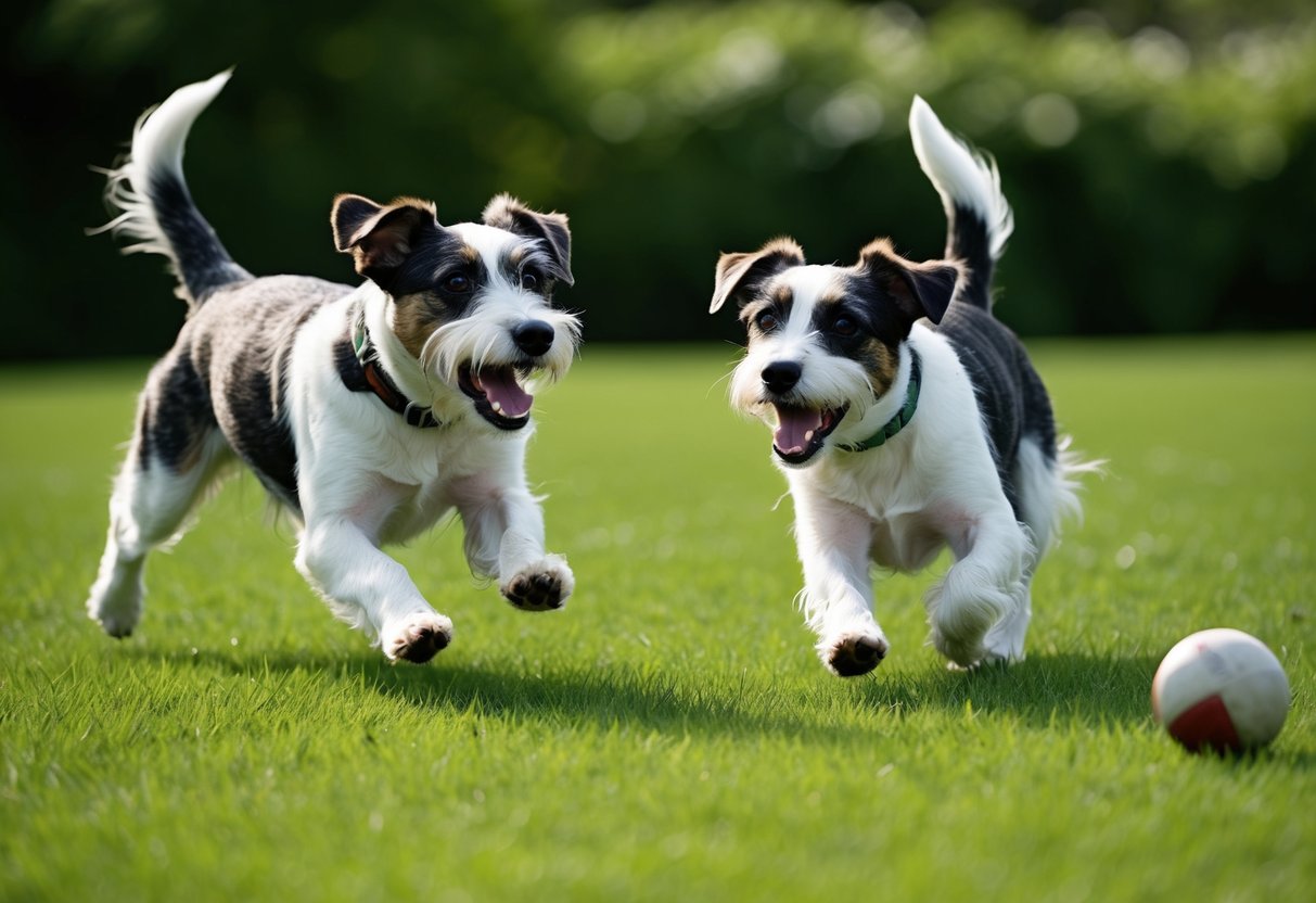 Two border terriers playing in a lush green field, chasing after a ball or frisbee. Their tails are wagging and their ears are perked up, showing their alert and active nature