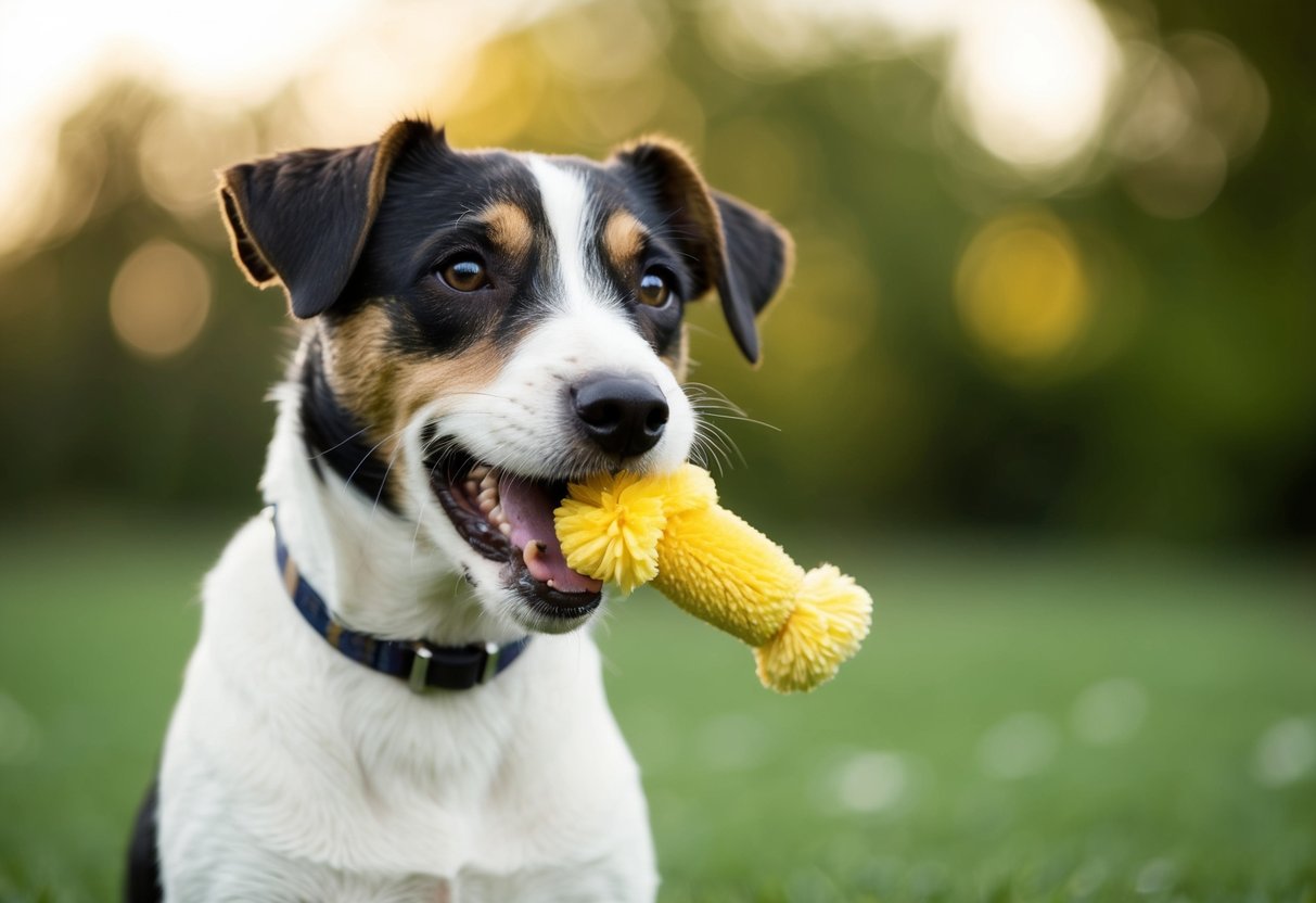 A Border Terrier with a gentle expression, holding a toy in its mouth