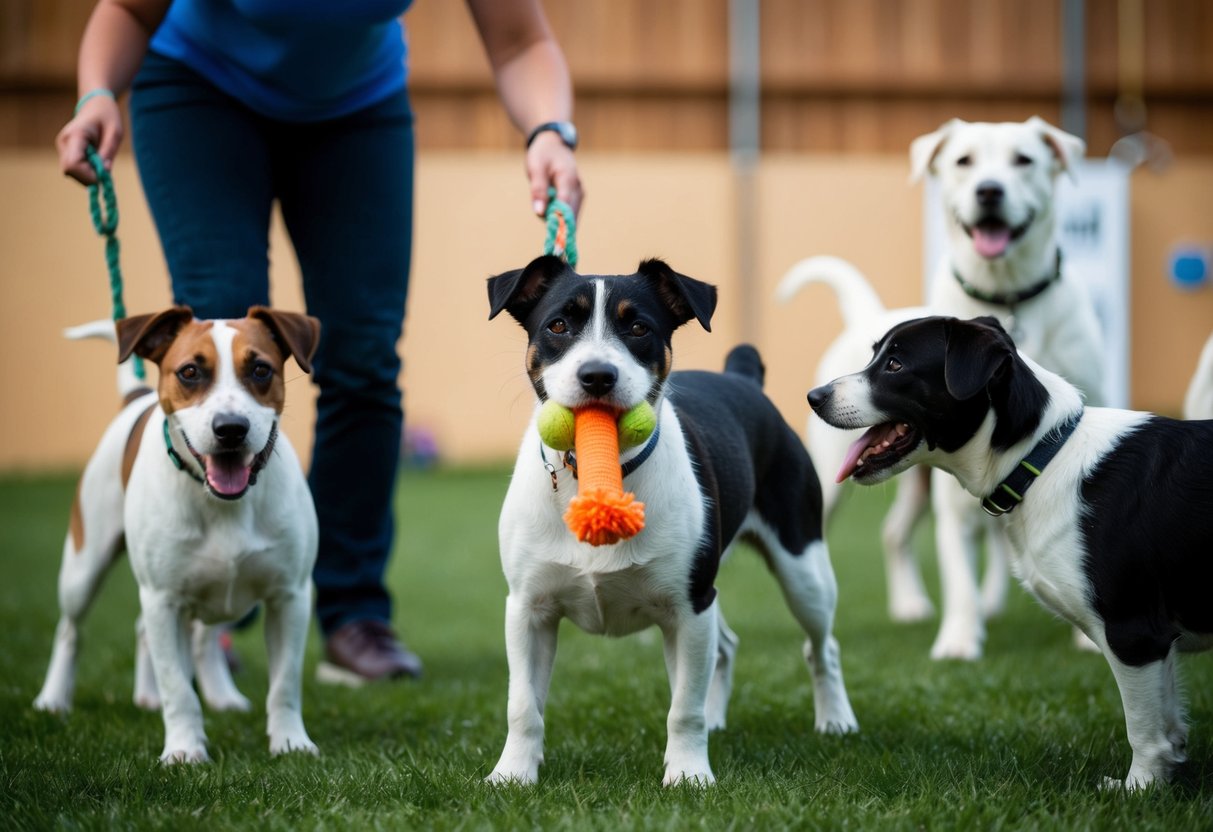 A border terrier with a toy in its mouth, surrounded by other dogs and a trainer in a socialization class