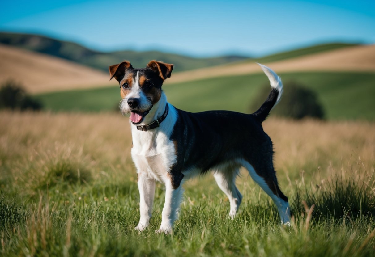 A border terrier stands alert in a field, surrounded by rolling hills and a clear blue sky. Its ears are perked up and its tail is wagging, showing its energetic and attentive nature