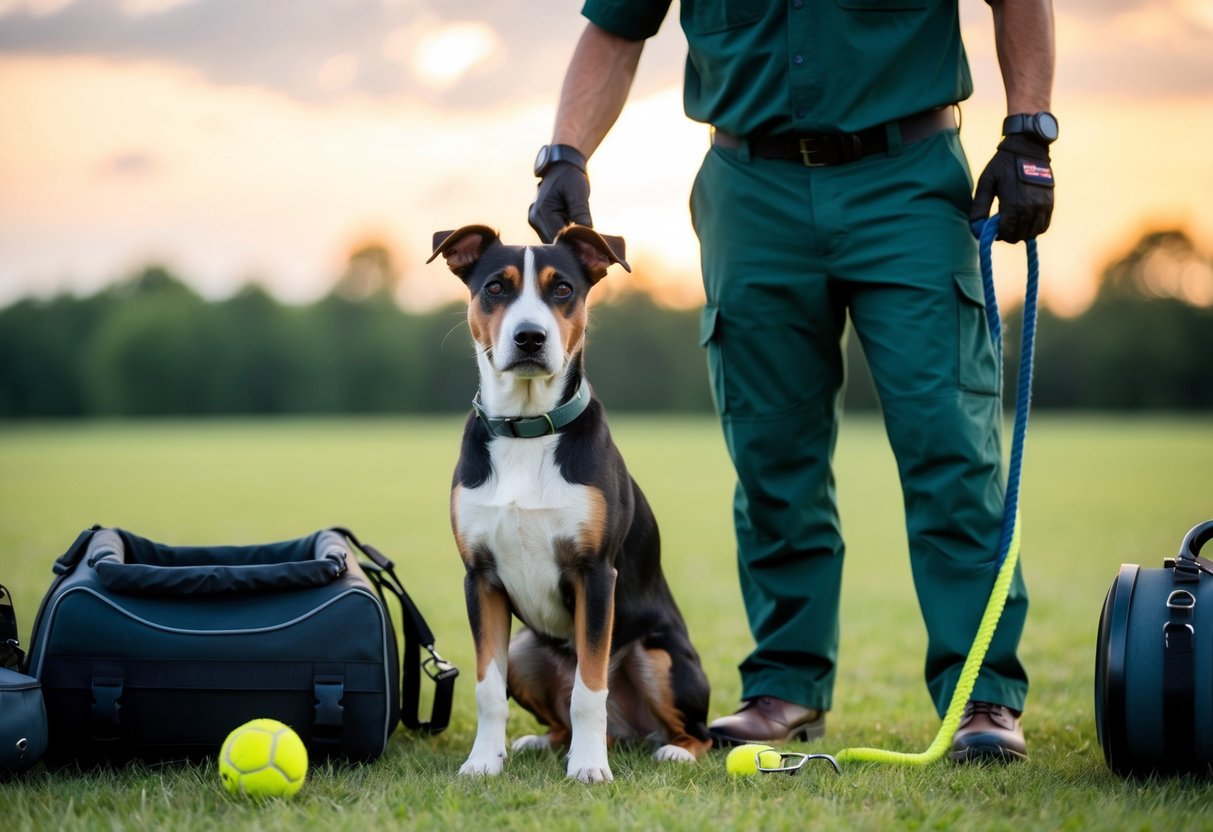 A border terrier stands confidently next to a handler, surrounded by various training equipment