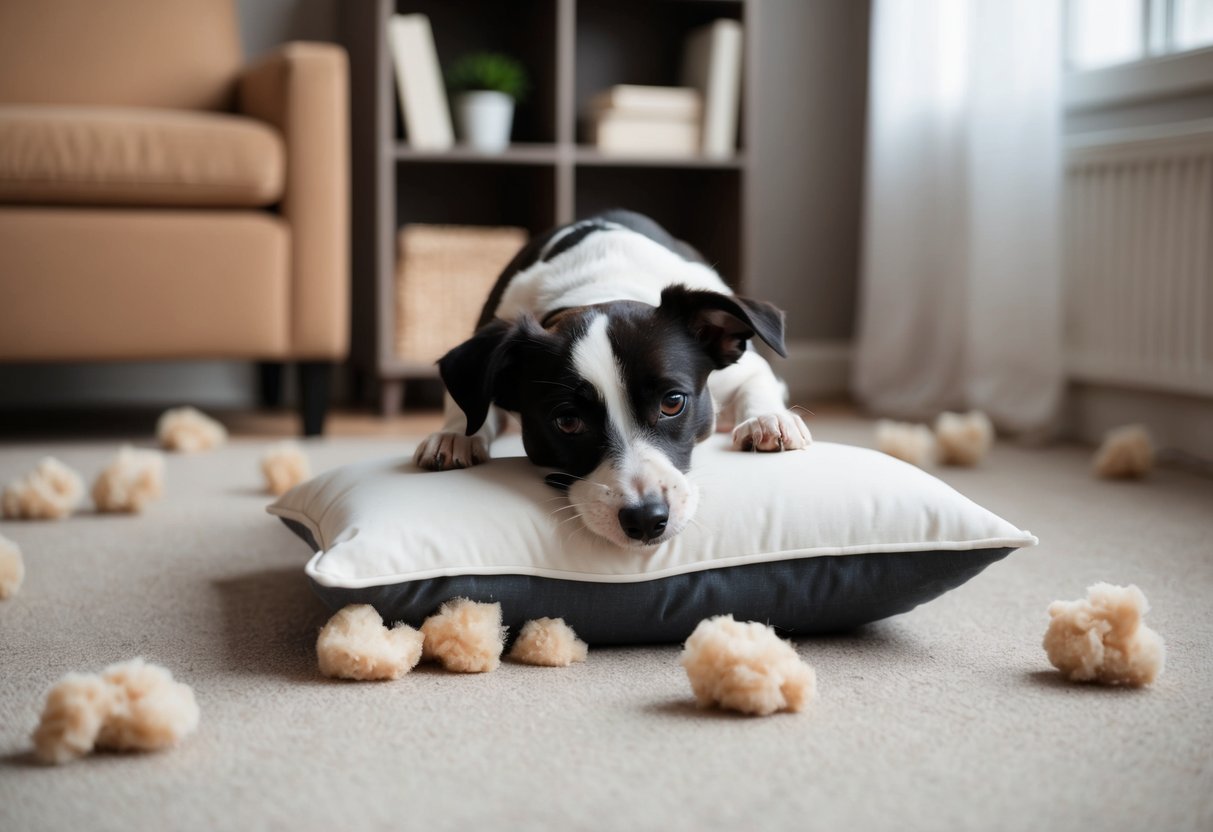 A border terrier chews on a torn up pillow, scattered stuffing around the room