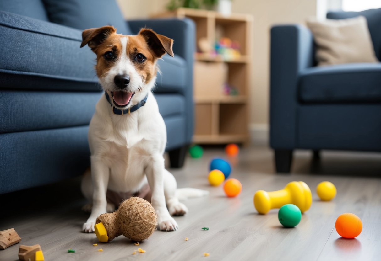 A Border Terrier calmly sits beside a chewed-up toy, with a wagging tail and a playful expression, surrounded by scattered toys and a few minor chew marks on furniture