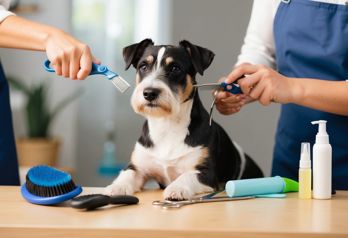 A Border Terrier with a shiny coat sits calmly while being groomed with a brush and trimmed with scissors. A variety of grooming tools and products are neatly arranged nearby