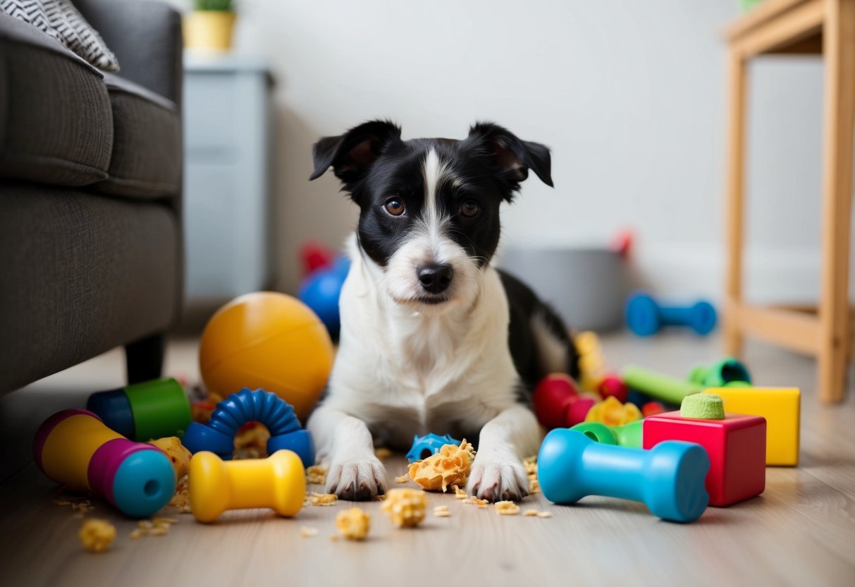 A Border Terrier surrounded by chewed-up toys and furniture, looking bored and restless