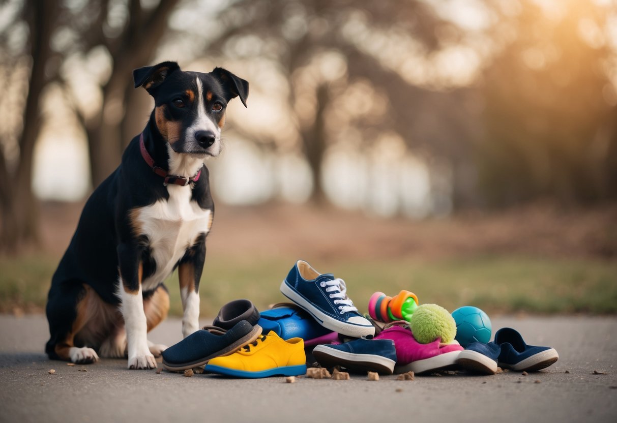 A border terrier stands near a pile of chewed objects, including shoes and toys, with a guilty expression on its face