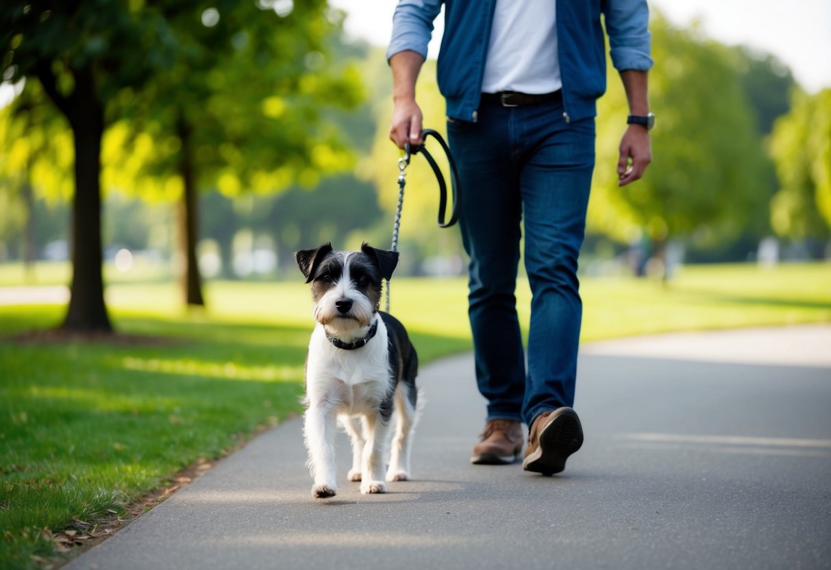A border terrier walks calmly beside its owner, the leash loose and relaxed, as they stroll through a peaceful park