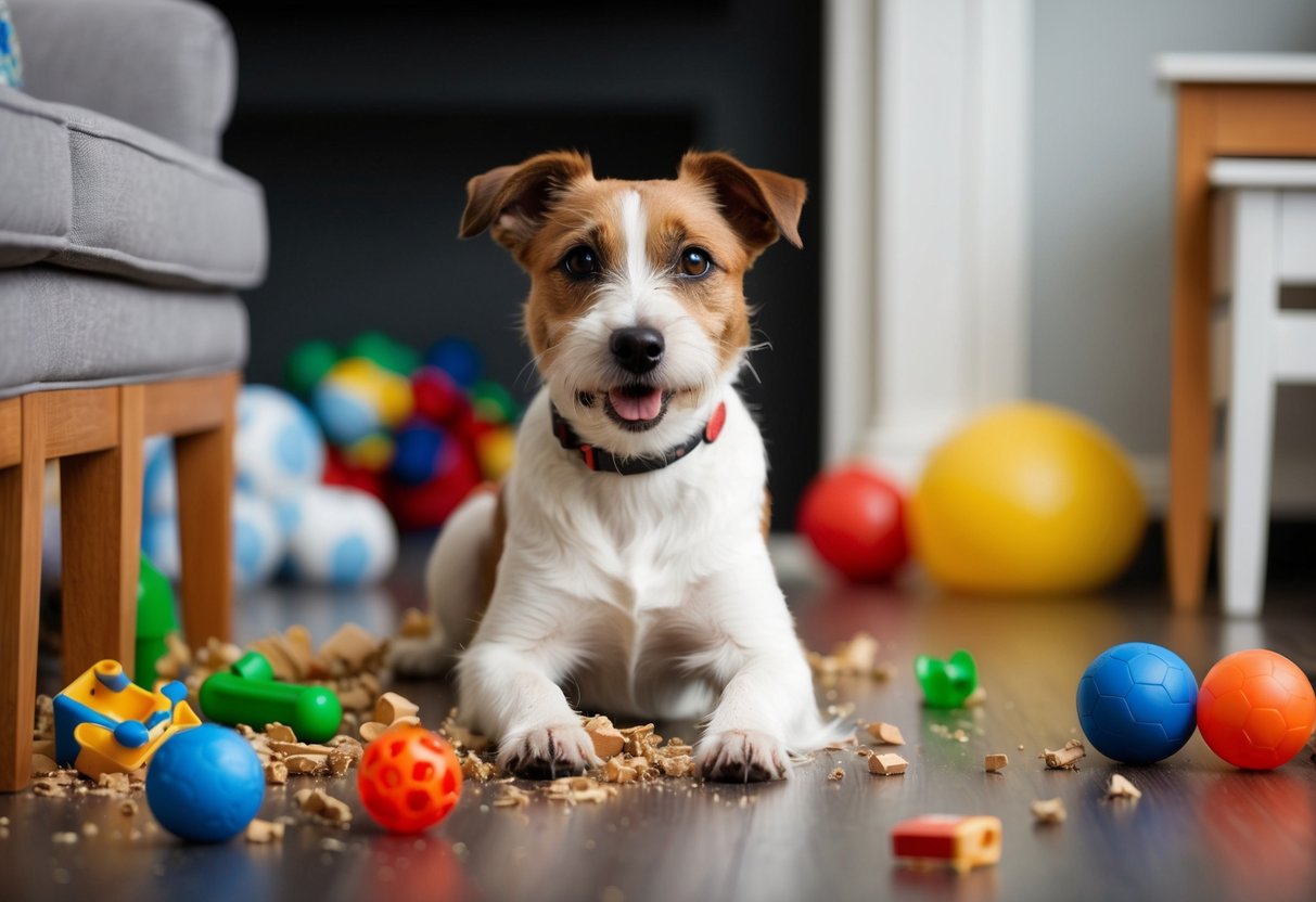 A border terrier surrounded by chewed up furniture and scattered toys