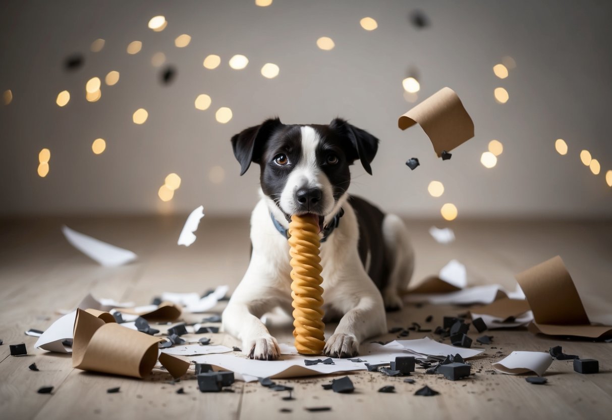 A Border Terrier with a chew toy surrounded by torn paper and scattered pieces of a destroyed object