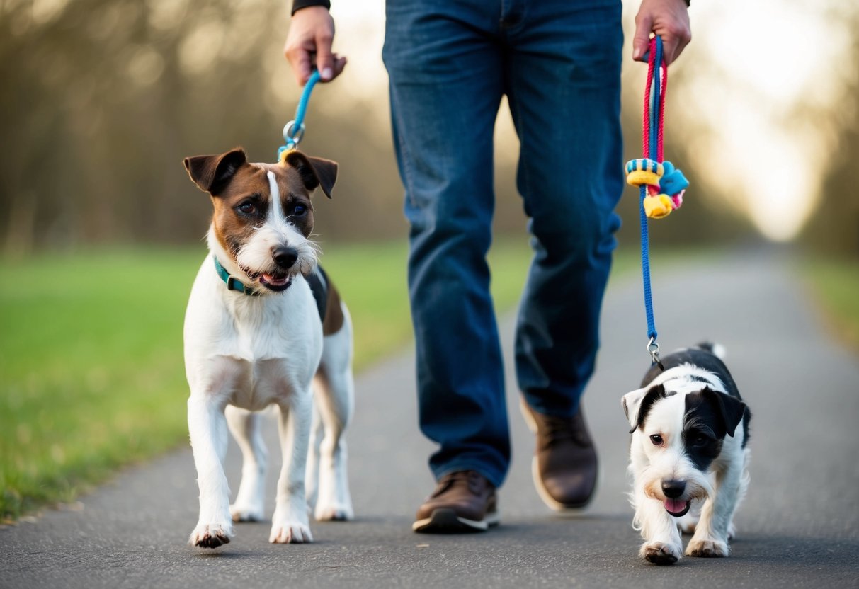 A Border Terrier walks calmly beside its owner, focused on a toy or treat held in the owner's hand