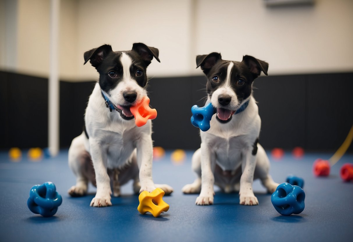 Two border terriers playing with chew toys in a training class