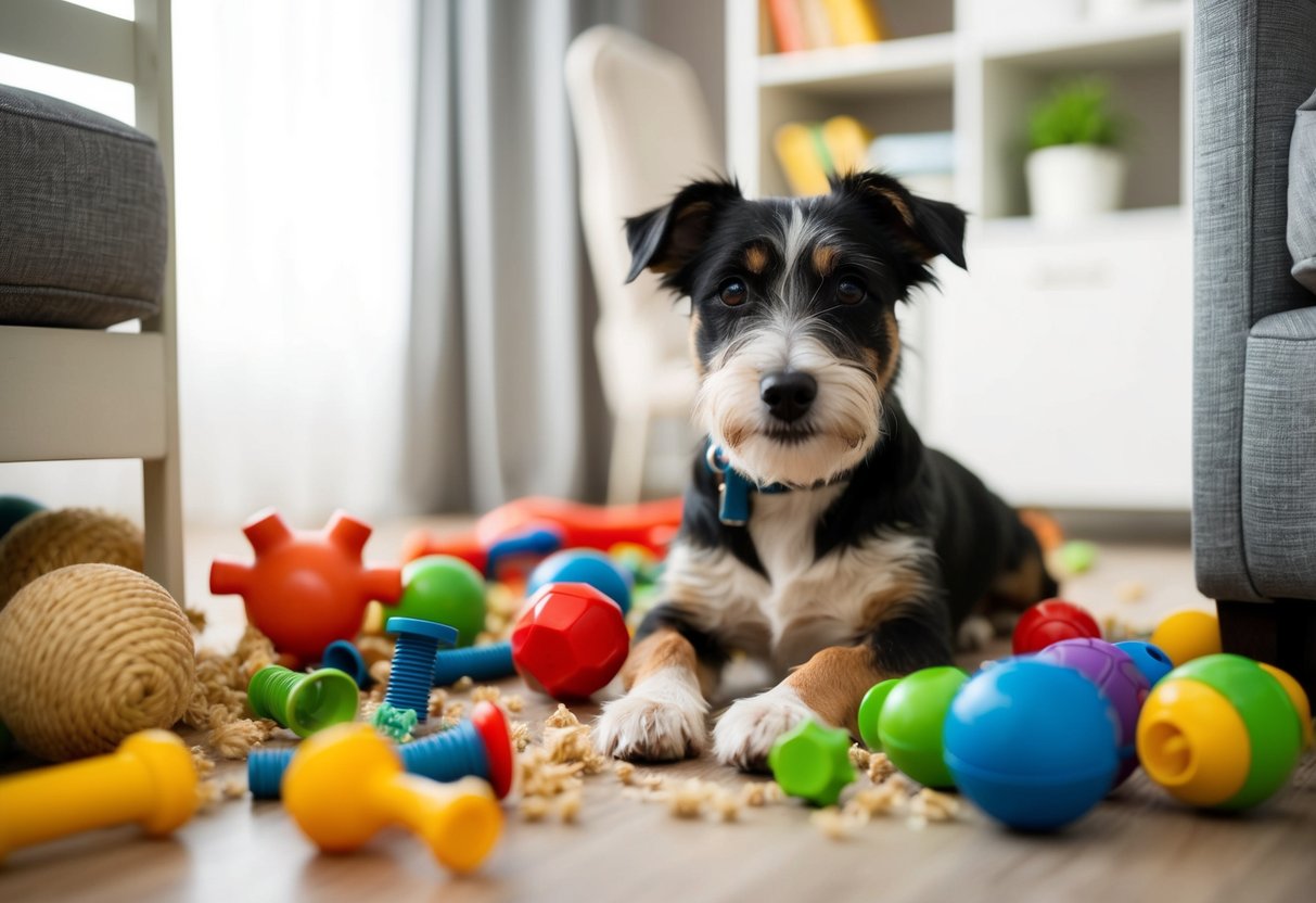 A Border Terrier surrounded by chewed-up toys and furniture