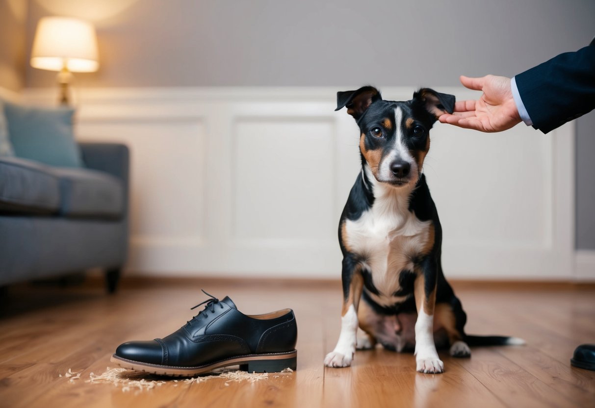 A border terrier sits obediently next to a chewed-up shoe, while a stern voice reprimands it