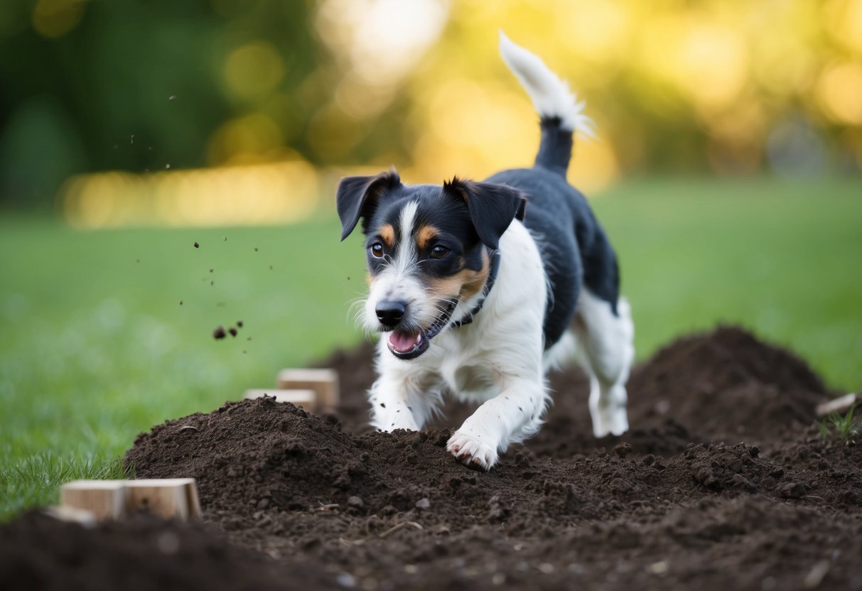 A border terrier playfully digging up a garden