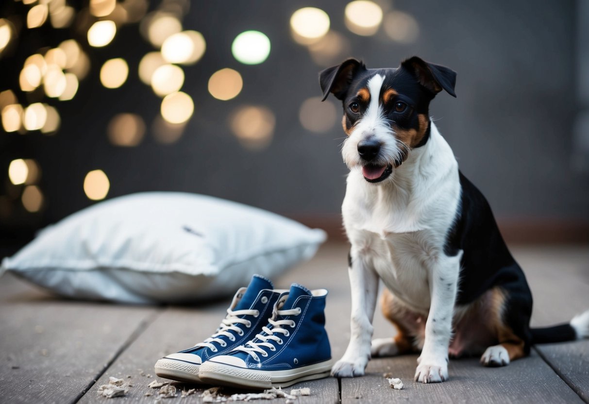 A Border Terrier sitting obediently next to a chewed-up pair of shoes, while a torn-up pillow lies in the background