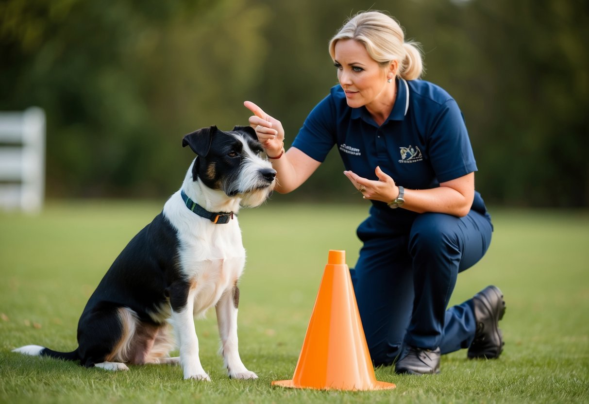 A border terrier sits attentively beside a training cone, with a stern-looking trainer standing nearby holding a whistle and gesturing towards the dog