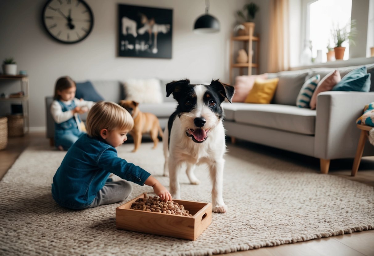 A border terrier playing with children and pets in a cozy living room