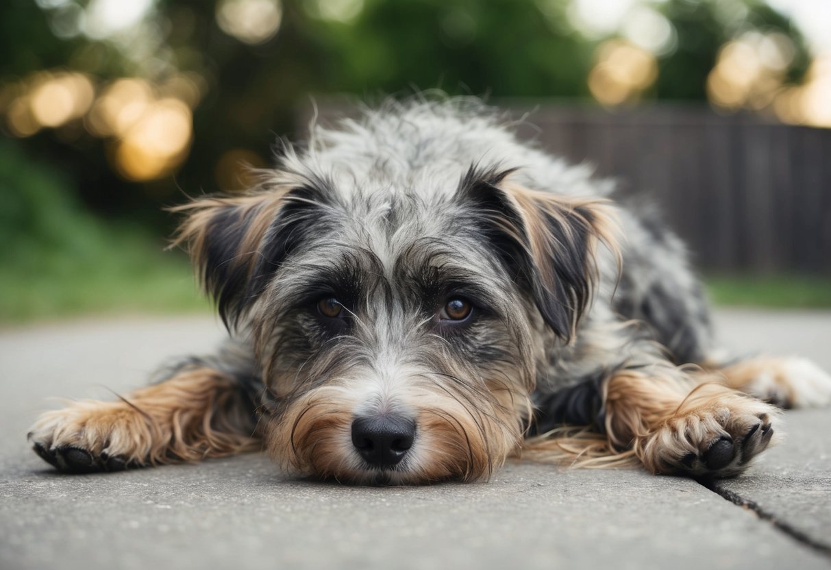 A shaggy Border Terrier with overgrown fur struggles to see and move comfortably, its coat matted and unkempt