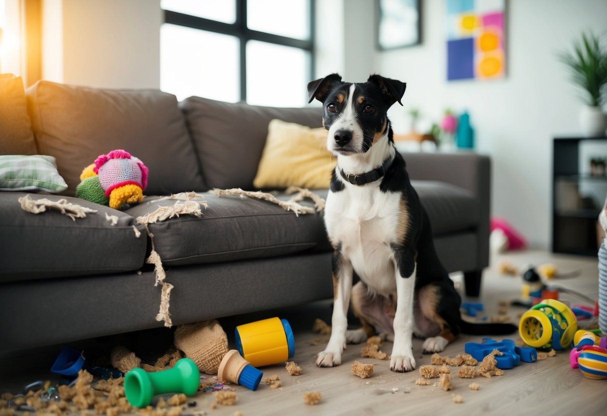 A border terrier sits next to a torn-up couch, surrounded by chewed-up toys and scattered household items