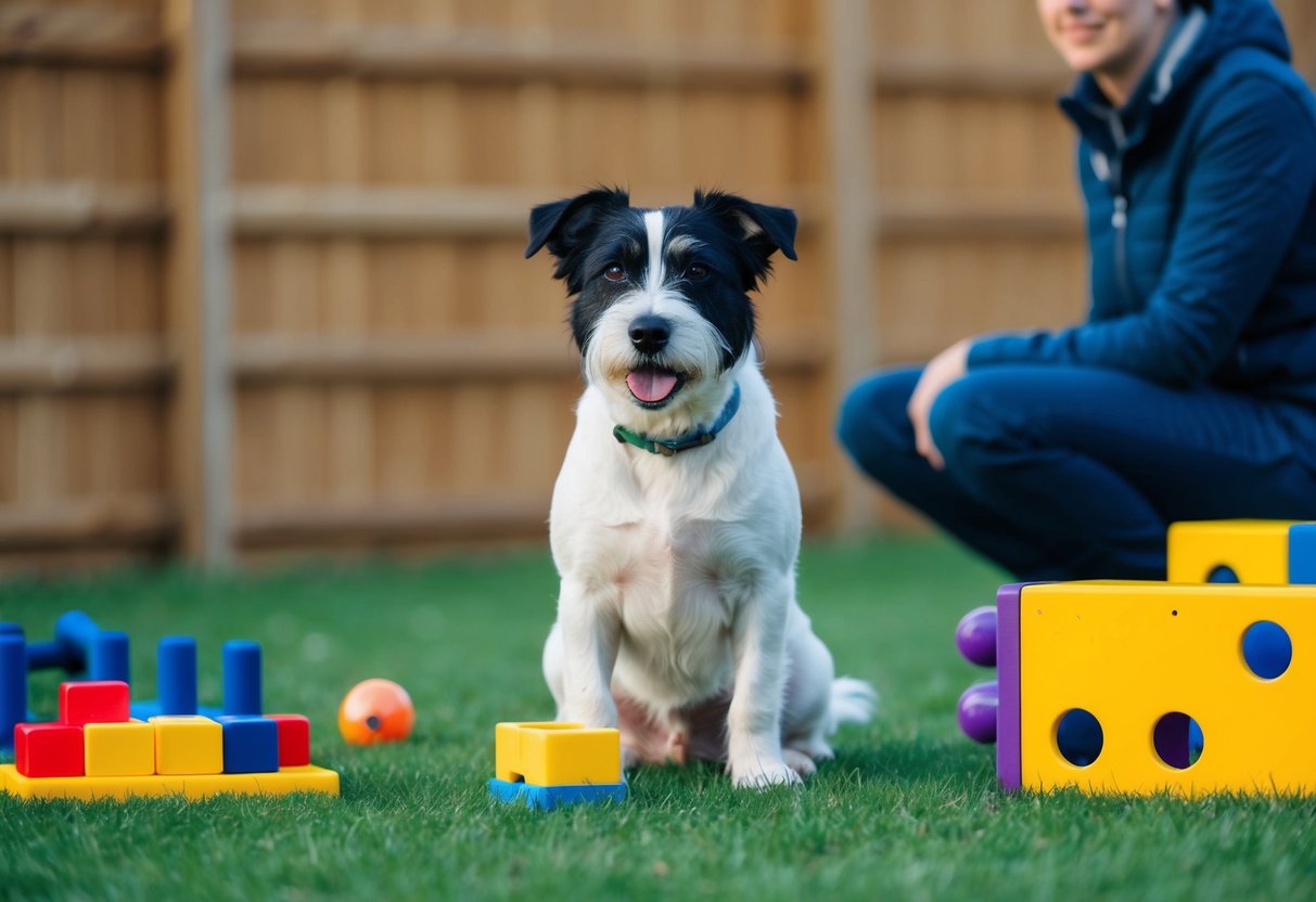 A border terrier sits attentively, surrounded by puzzle toys and agility equipment, while its owner watches nearby