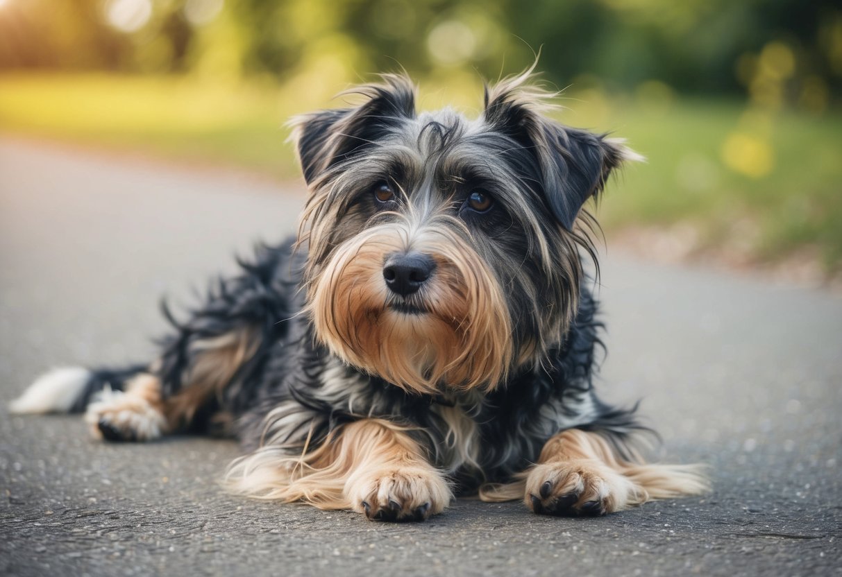 A fluffy border terrier with overgrown, matted fur struggles to move and looks uncomfortable