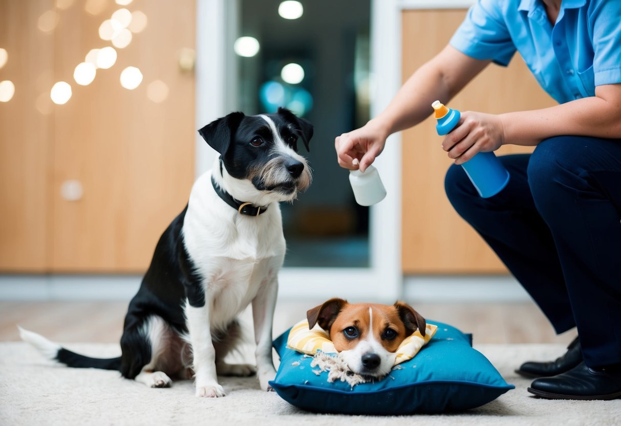 A border terrier sits obediently next to a chewed-up pillow while a stern owner points to the mess, holding a spray bottle