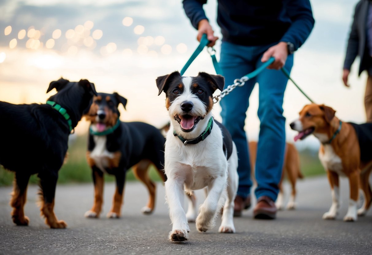 A border terrier pulling on a leash, surrounded by other dogs, while the owner tries to get its attention