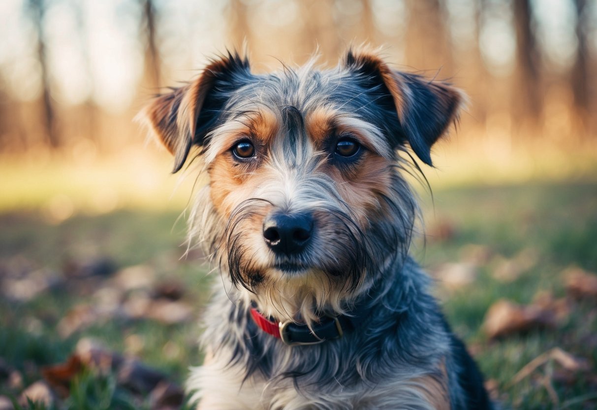 A neglected border terrier with matted and unkempt fur, looking unhappy and uncomfortable
