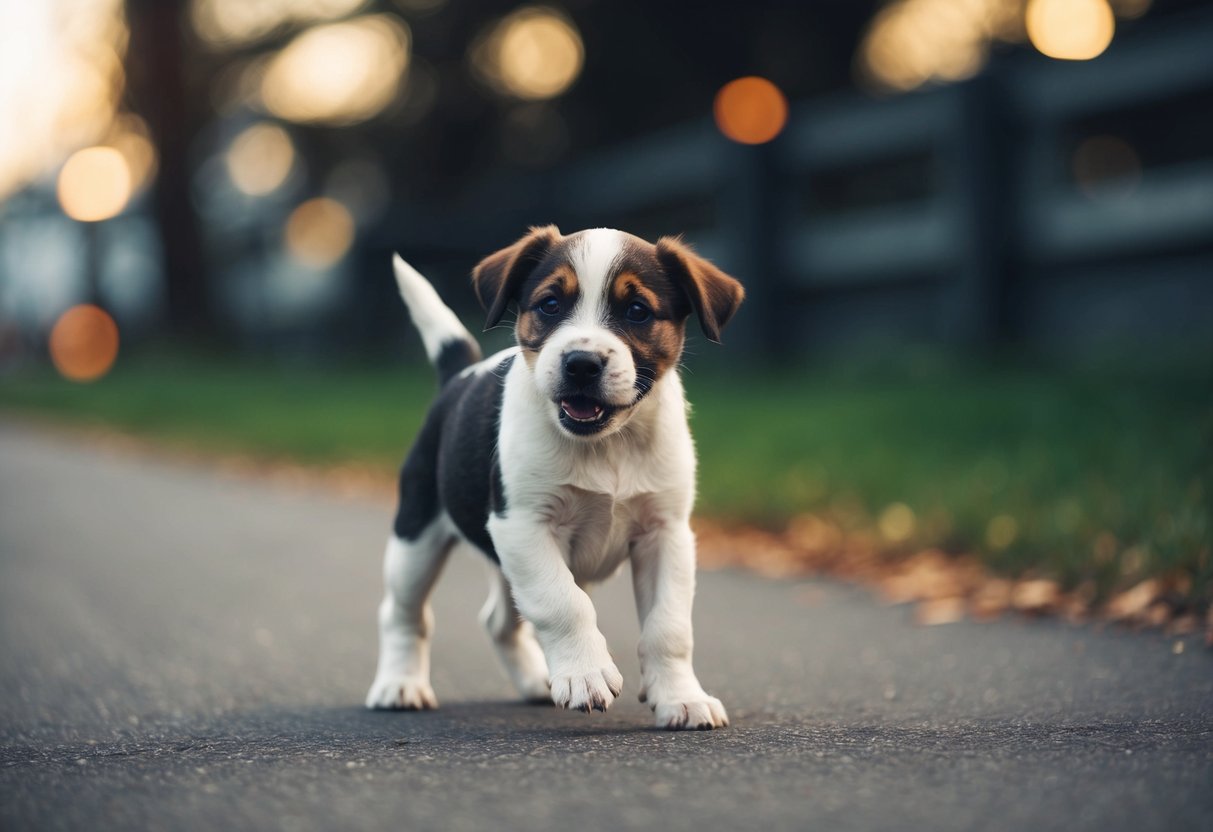 A border terrier puppy struggles to stand, its body trembling uncontrollably