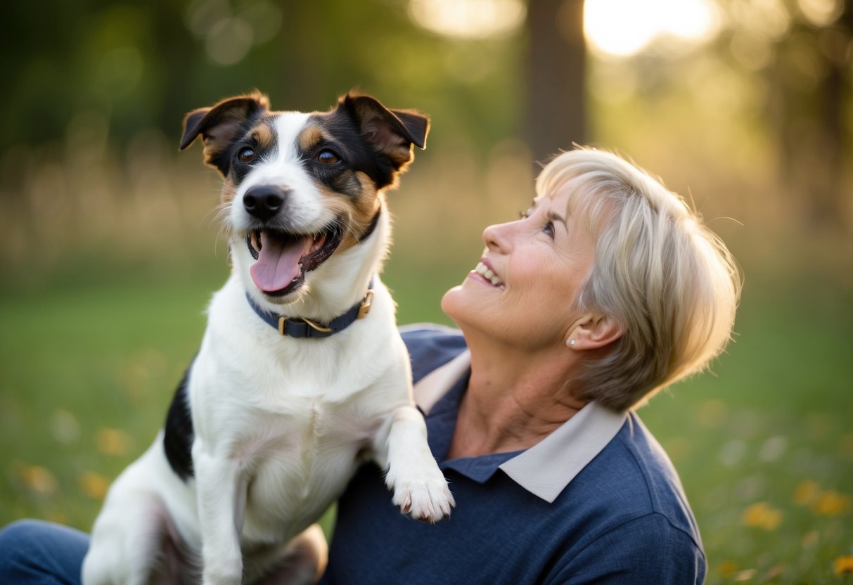 A Border Terrier sits contentedly by its owner's side, wagging its tail and looking up with an eager and affectionate expression