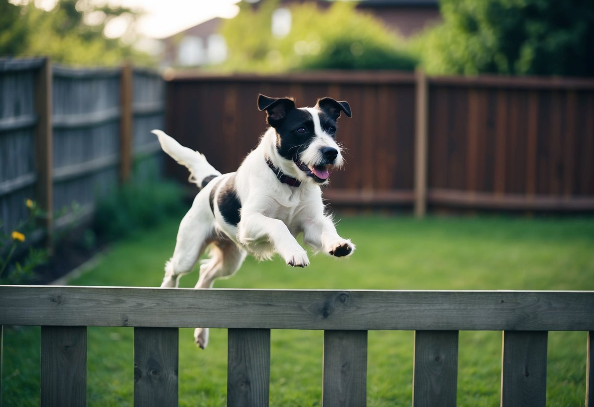 A border terrier leaps over a wooden fence in a backyard