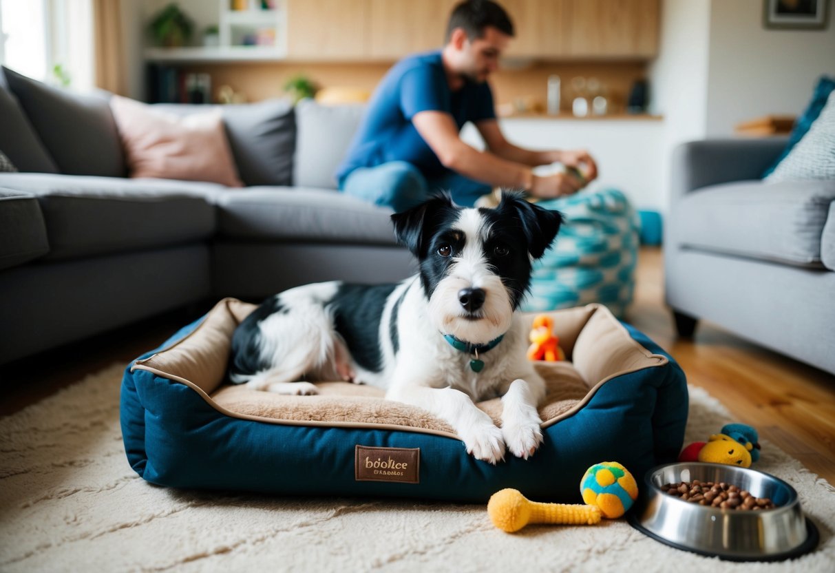 A cozy living room with a Border Terrier lounging on a comfortable dog bed, surrounded by toys and a food bowl. A person can be seen in the background, engaging in activities with the dog