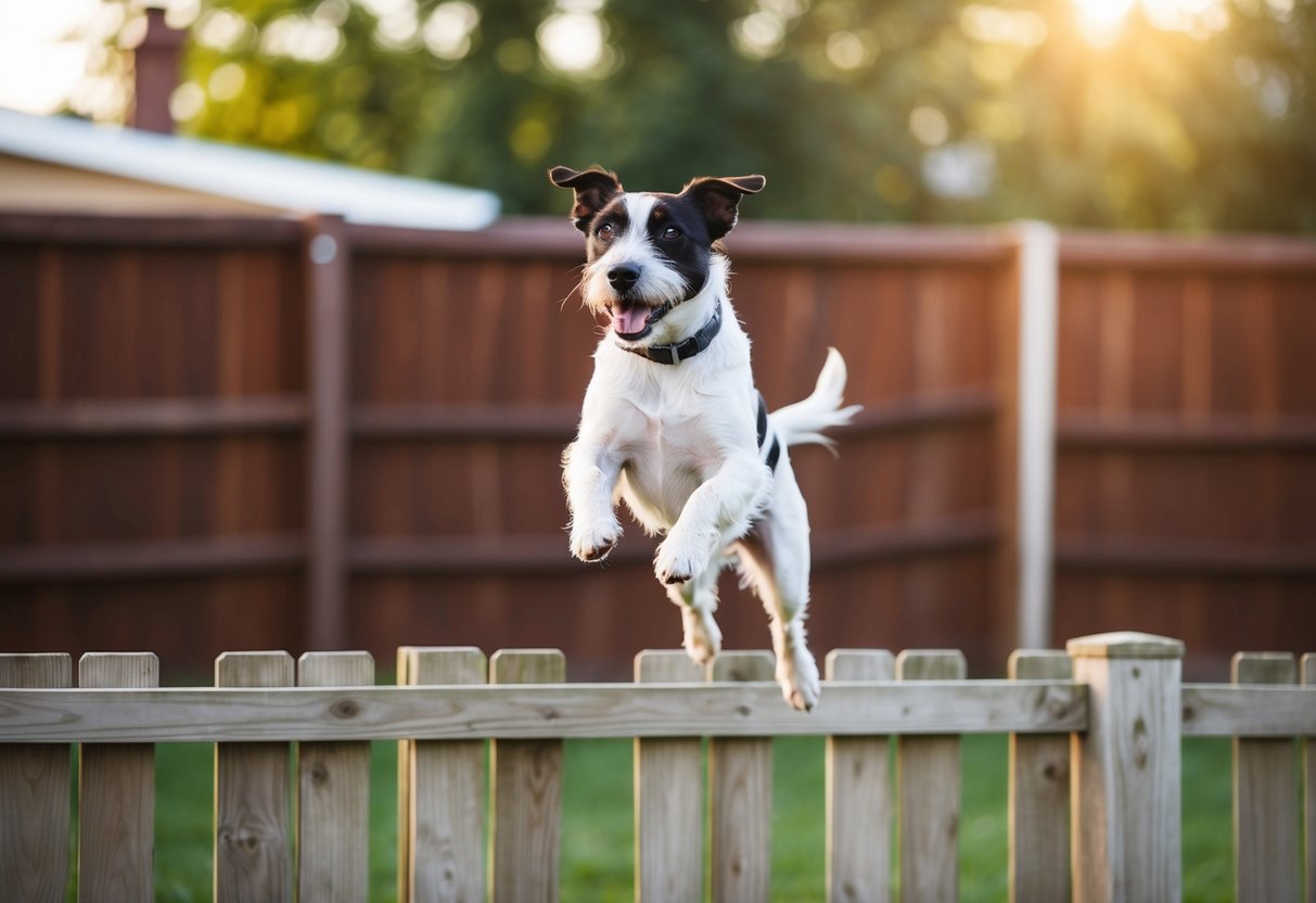 A border terrier jumps over a wooden fence in a backyard