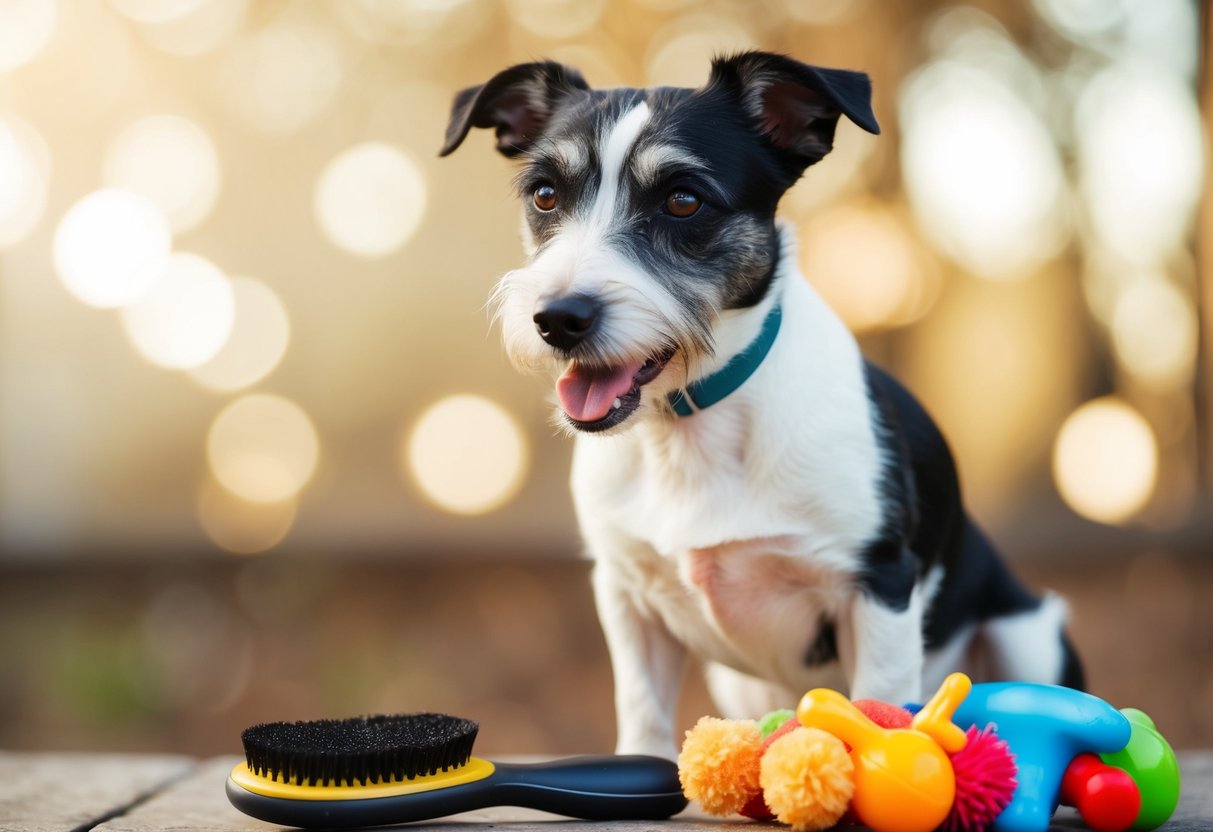 A border terrier eagerly seeks attention, sitting beside a grooming brush and a pile of toys