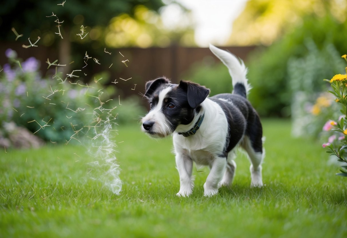 A border terrier sniffs the air, surrounded by various scents in a garden