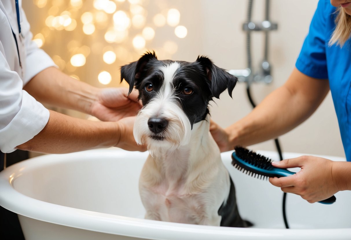 A border terrier getting a bath with a groomer using shampoo and a brush