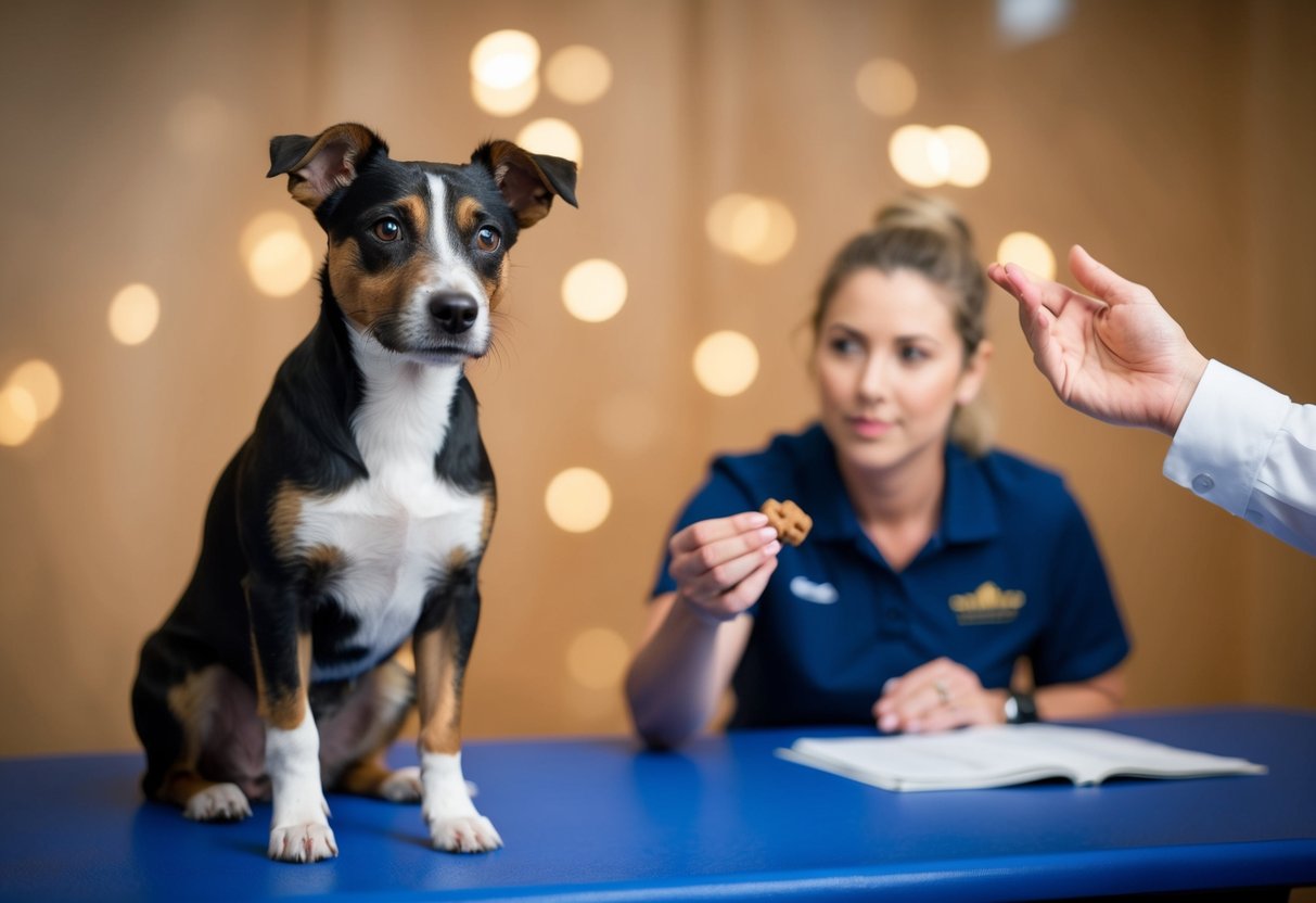 A Border Terrier sits attentively, ears perked, in front of a trainer holding a treat. The trainer gestures with a hand, while the dog maintains eye contact