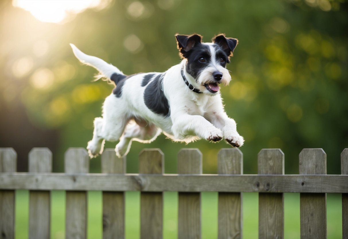 A border terrier leaps over a wooden fence, its fur neatly groomed and cared for