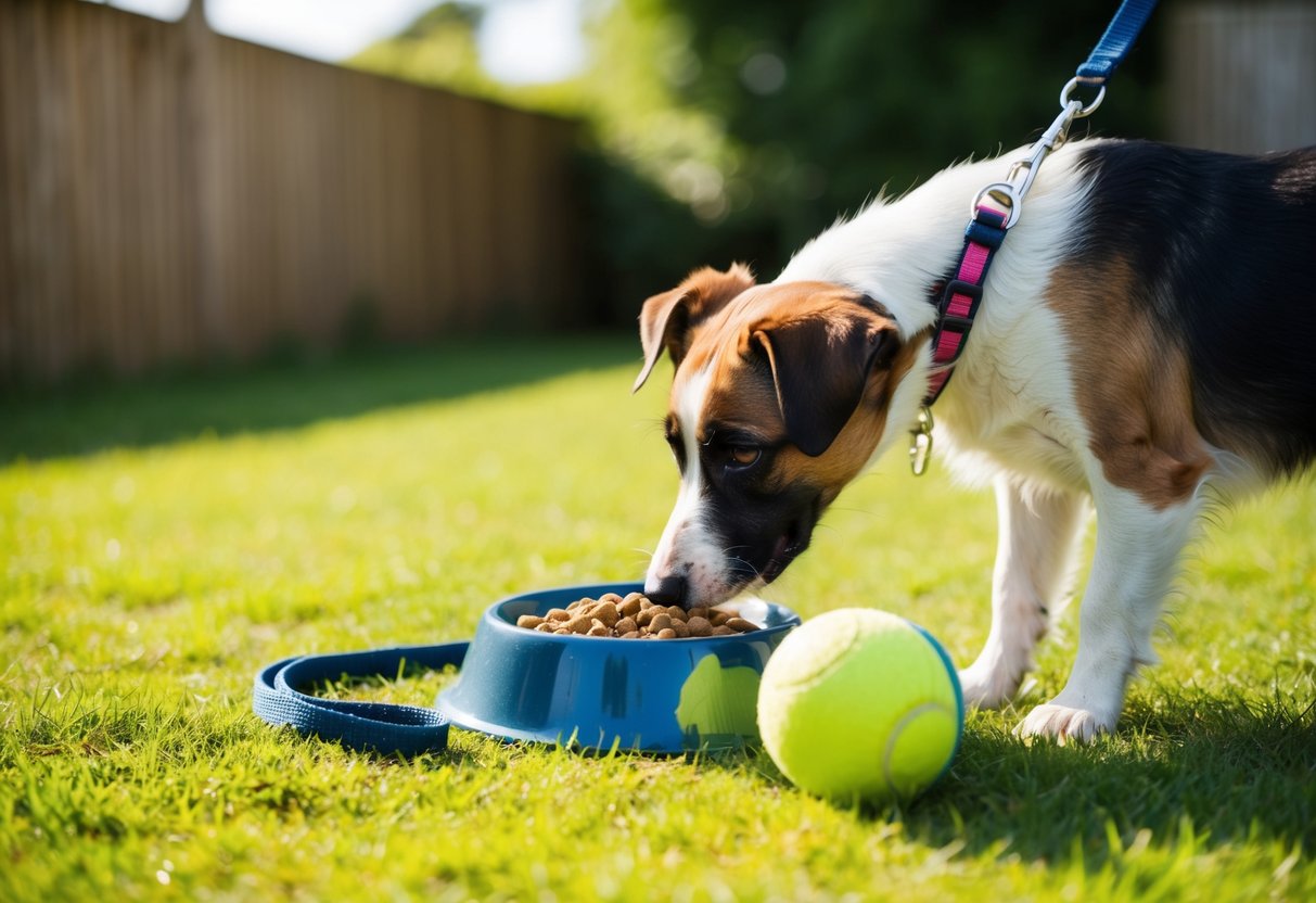 A border terrier sniffs a bowl of kibble next to a leash and a toy ball in a sunny, grassy backyard
