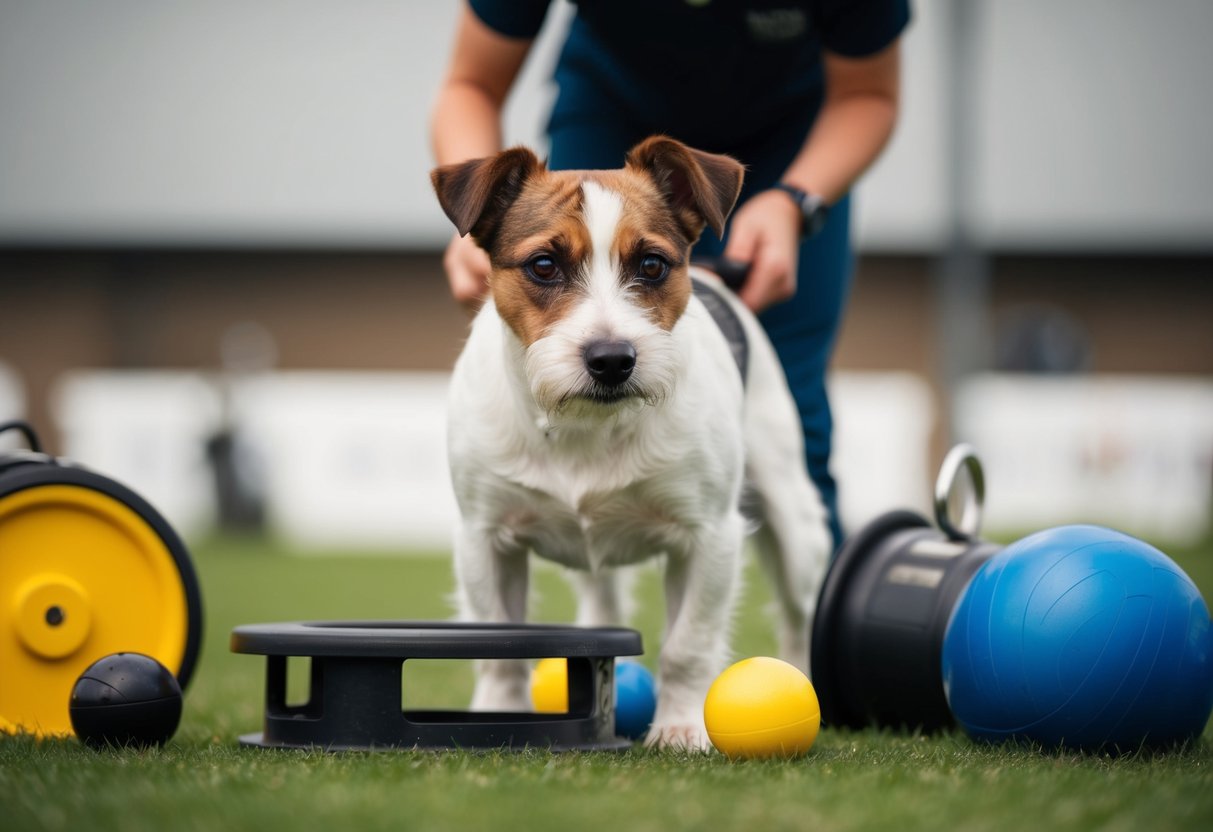 A border terrier with a curious expression sniffs the air, surrounded by various training equipment and behavioral cues