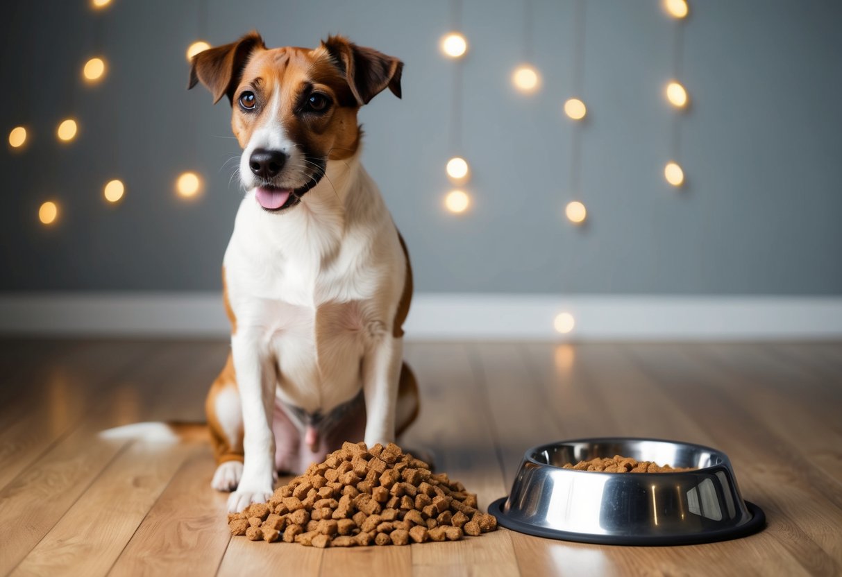 A border terrier sits obediently beside a bowl of fresh water and a pile of healthy dog food. Its shiny coat and bright eyes reflect good health