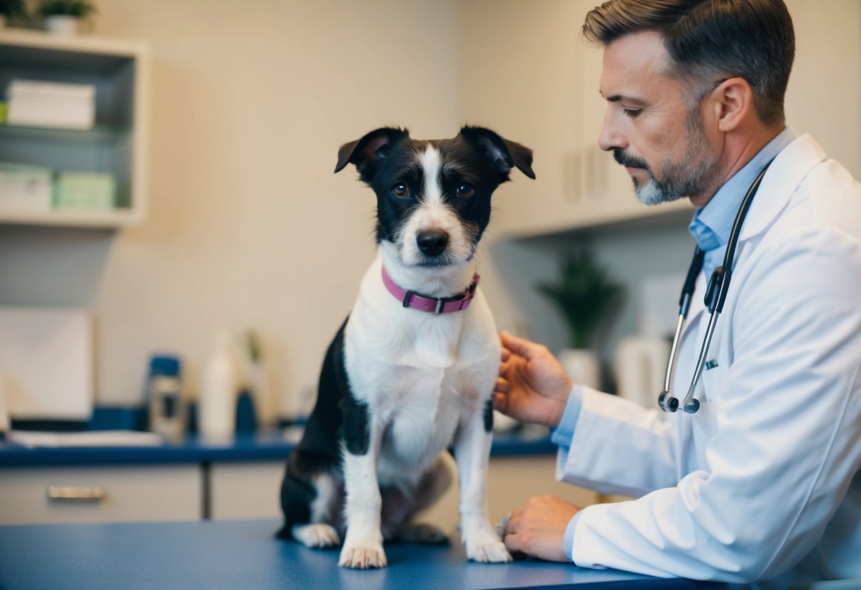 A border terrier sits in a vet's office, with a veterinarian discussing neutering options with the dog's owner