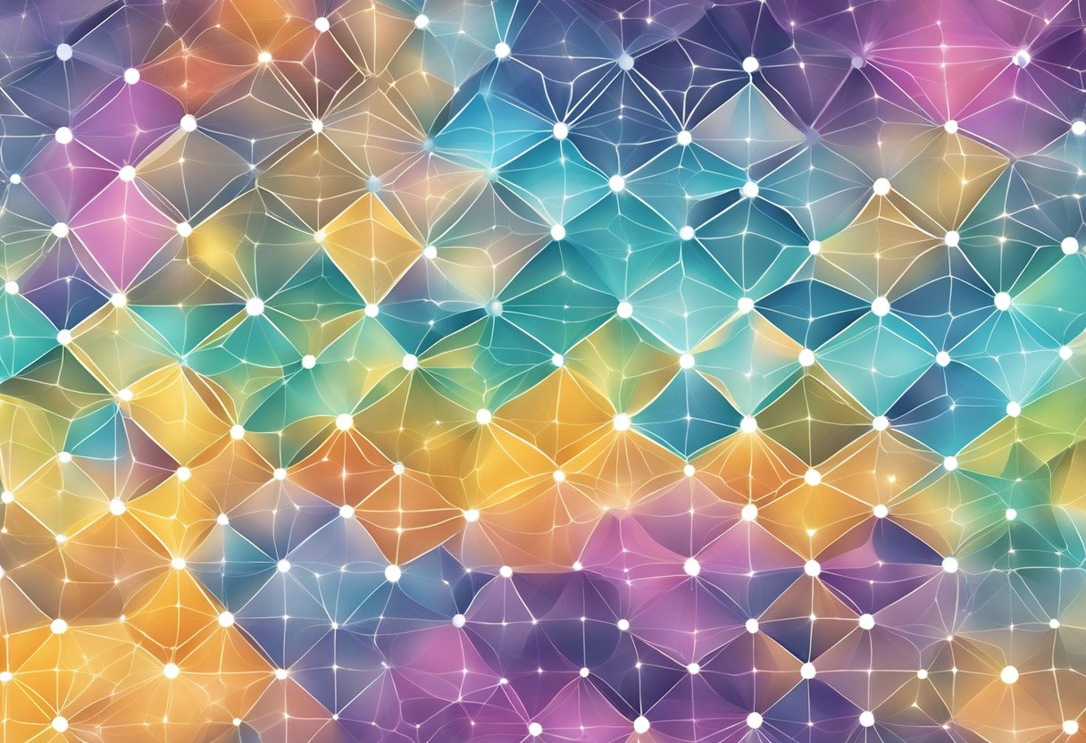 A network of interconnected hexagons radiating energy and connecting mind, matter, and energy in a unified grid