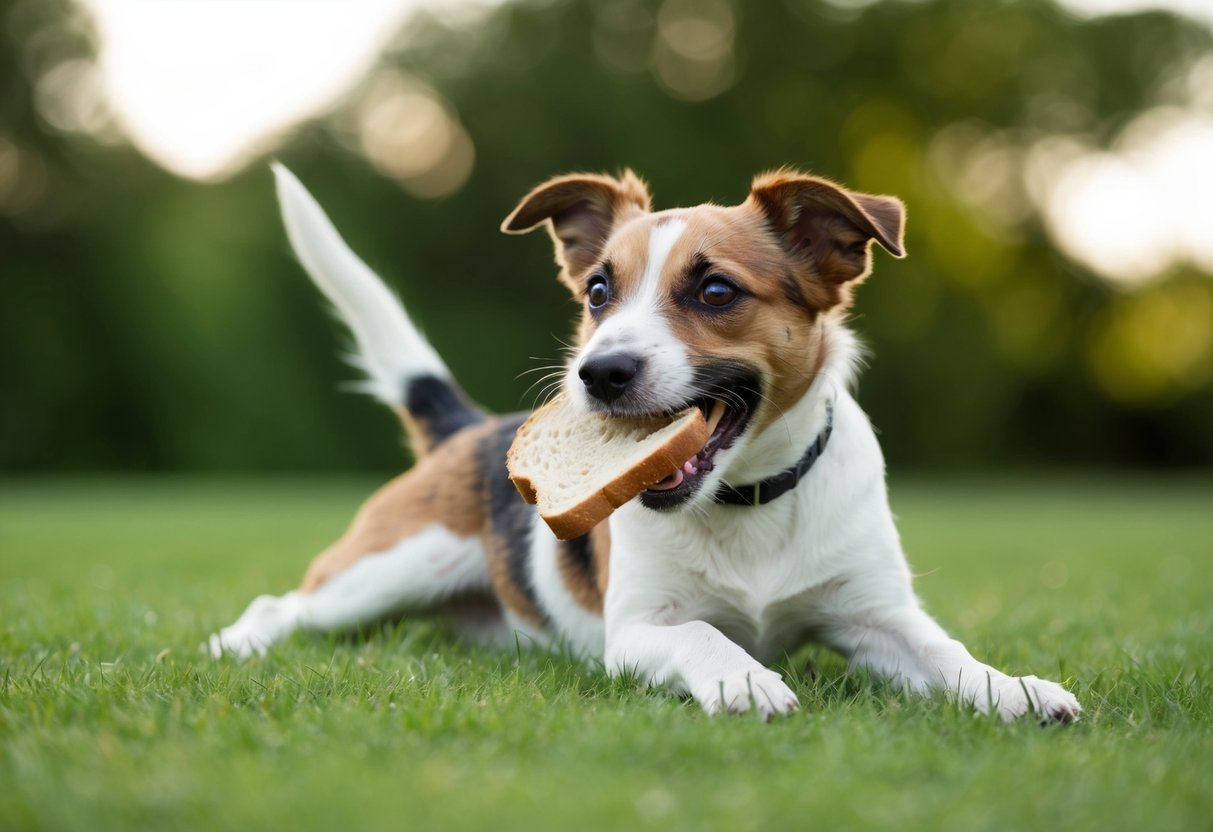A border terrier eagerly munches on a slice of bread, its tail wagging with excitement